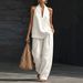 Plus Size Women's Halter Neck V-Neck Two-Piece Set Cotton Linen Blend Office Casual Outfit_ecoleips.com