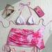 Rose Pink Gradient Floral Print Halter Neck Three Piece Women's Bikini Set Triangle Cups Drawstring Swimwear_ecoleips.com