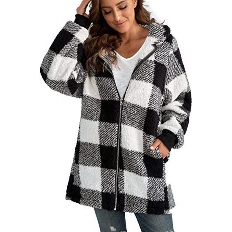 Women's Clothing Soft Fleece Zip-Up Hoodie Coat For Women – Plaid Long Sleeve Jacket With Pockets (8 Colors, S-6XL, Comfort Fit)_ecoleips.com