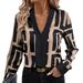 Women's Clothing Elegant Geometric Print Long Sleeved Shirt Women’s Geometric Print V-Neck Blouse – Stylish Long-Sleeve Top For Spring/Summer/Fall_ecoleips.com