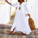 FD536 In Stock 2025 Cross-Border Women's Summer Autumn Bohemian Solid Color V-Neck Loose Long Sleeve Cotton Linen Dress_ecoleips.com