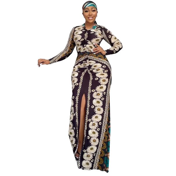 Women's Clothing Sexy Print Split Lapel Positioning Print Slim-Fit Stretch Dress With Turban_ecoleips.com