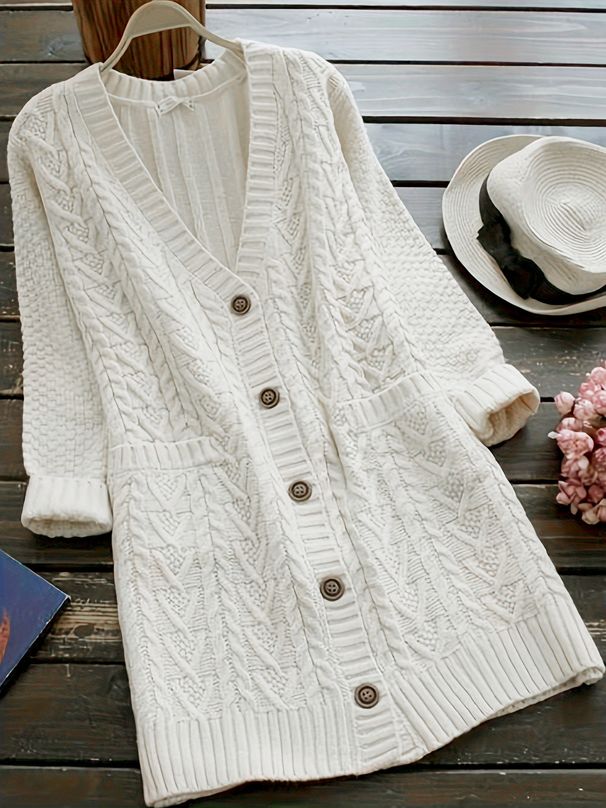 Women's Knit Button-Up Cardigan – Long Sleeve V-Neck Open Front Sweater With Cable Knit Pockets (S-XL)_ecoleips.com