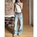 Women's American-style Washed Blue Straight-leg Jeans, New Autumn High-waisted Loose Slimming Distressed Wide-leg Pants_ecoleips.com