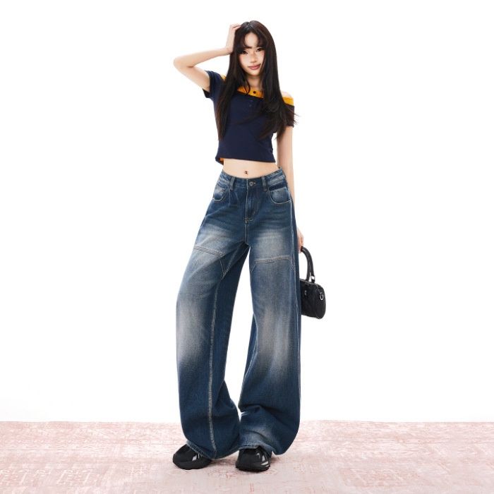 26ss| 2026 American Retro Washed Distressed Drapey Spring-summer Versatile Floor-length Everyday Denim Pants New Style_ecoleips.com