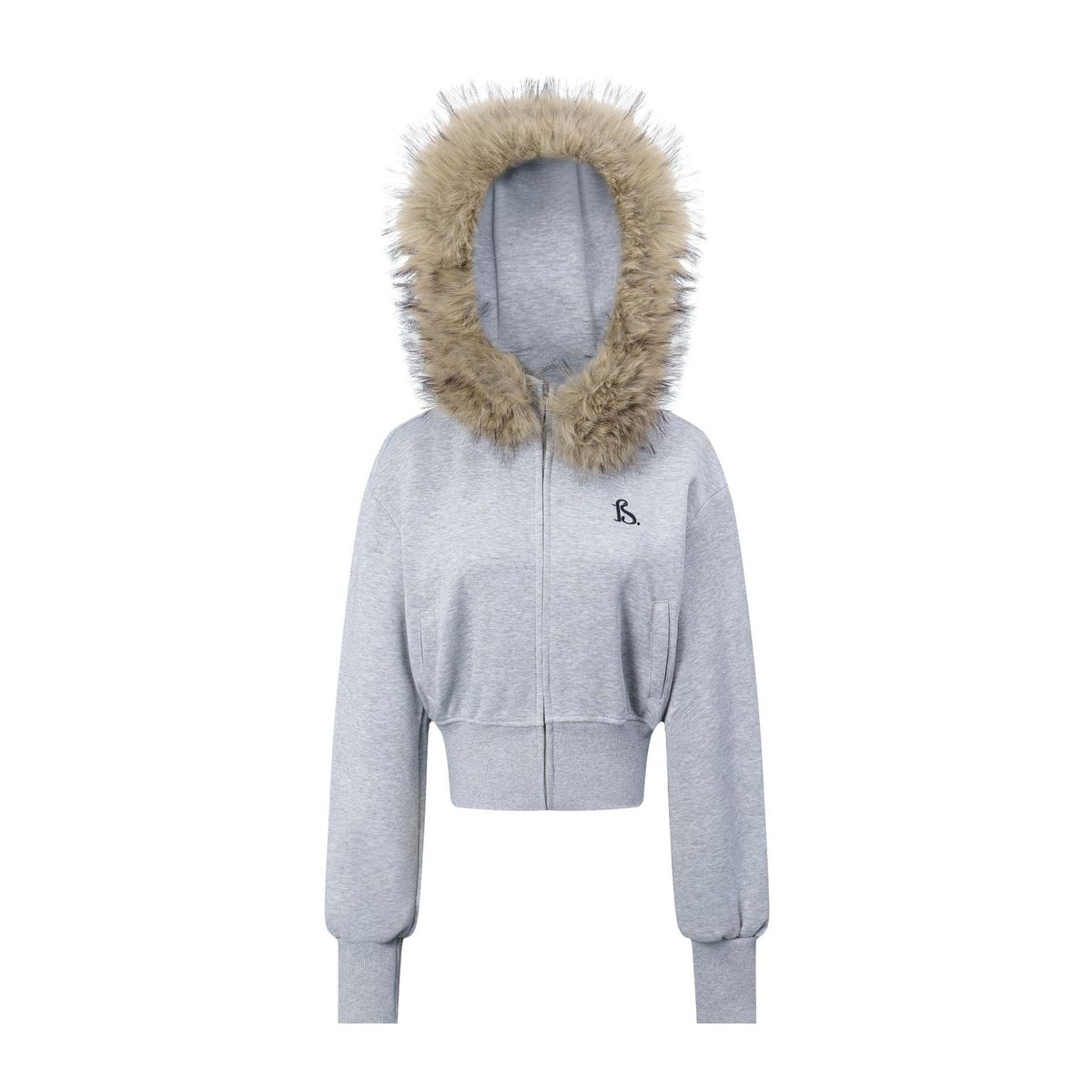 Vintage Grey Hooded Zip-Up Sweatshirt Jacket For Women – Slim Fit Cropped Pullover With Faux Fur Trim_ecoleips.com