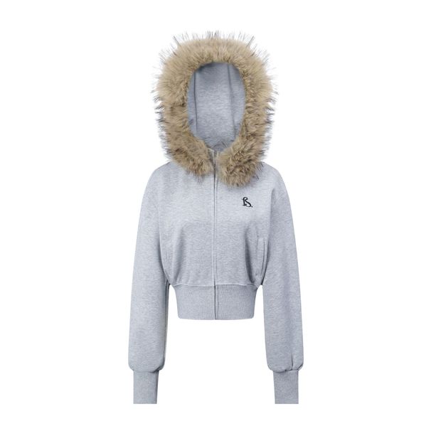 Vintage Grey Hooded Zip-Up Sweatshirt Jacket For Women – Slim Fit Cropped Pullover With Faux Fur Trim_ecoleips.com