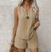 Women's Solid Color Casual Suit V-Neck Sleeveless Shirt with Pocket And Shorts Two-Piece Set European American Style_ecoleips.com