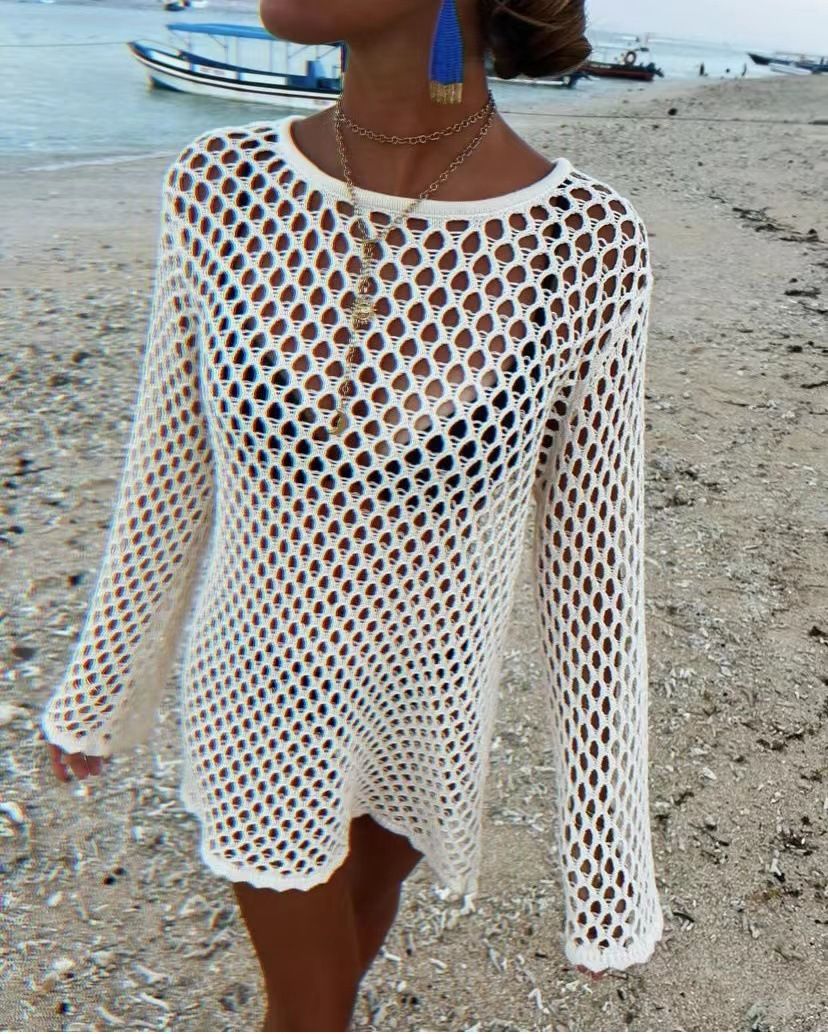 Sexy Crochet Beach Cover Up - Lightweight Lace Knit Sun Shirt, Bikini Cover Up, Summer Vacation Outfit For Women, Swimwear Wrap, Boho Chic Style_ecoleips.com