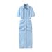 Spring 2025 Women's Fashion Simple European American Style Short Sleeve Long Dress Waist Exposing Casual Elegant Women's Clothing_ecoleips.com