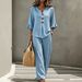 Women's Casual Button V Neck Ruffle Three Quarter Sleeve Top And Trousers Two Piece Summer Set_ecoleips.com