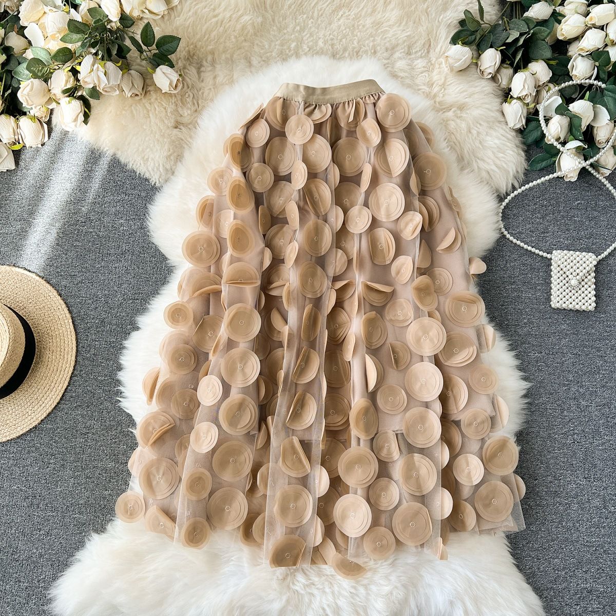 Women's Clothing Three Dimensional Flower Skirt Mid Length Fairy Skirt High Waist Versatile Age Reducing Temperament Mesh Skirt_ecoleips.com