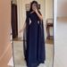 Elegant Navy Blue Maxi Dress Long Sleeve A-Line Stretch Polyester Casual And Formal Wear Defined Waist Versatile XS to XXXL_ecoleips.com