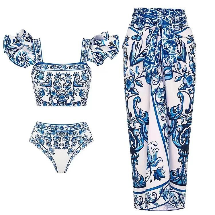 Women's Ethnic Print Bikini Set with Sheer Gauze Skirt American Boho Beach Style Swimwear Breathable Comfort_ecoleips.com