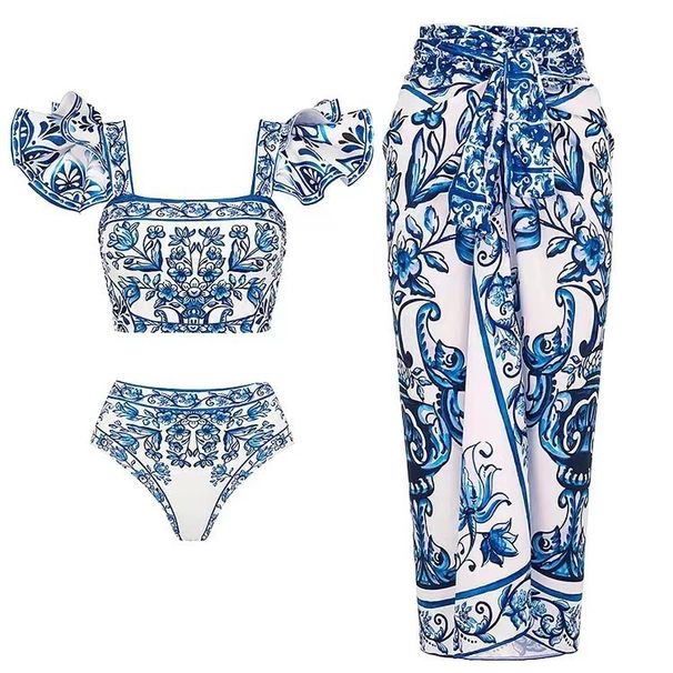 Women's Ethnic Print Bikini Set with Sheer Gauze Skirt American Boho Beach Style Swimwear Breathable Comfort_ecoleips.com