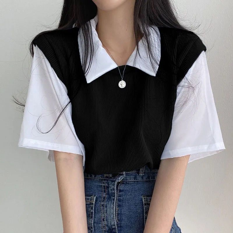 Summer Preppy Style Women's Color Block Polo Collar Top Faux Two Piece Short Sleeve T-Shirt Lazy Loose Casual Versatile_ecoleips.com