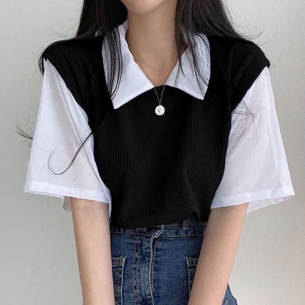 Summer Preppy Style Women's Color Block Polo Collar Top Faux Two Piece Short Sleeve T-Shirt Lazy Loose Casual Versatile_ecoleips.com