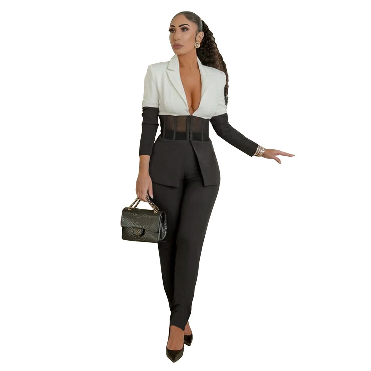 Women's Clothing Green Collar Suit Contrast Color Stitching Casual Two Piece Set_ecoleips.com
