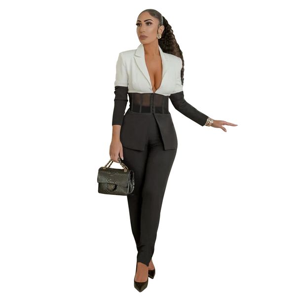 Women's Clothing Green Collar Suit Contrast Color Stitching Casual Two Piece Set_ecoleips.com