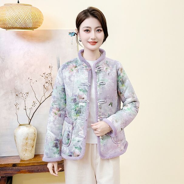 girl Wholesale New Autumn Winter Stand Collar Fleece Lined Thickened Jacket Chinese National Style Age-Reducing Small Coat_ecoleips.com