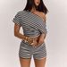 Women's Summer Striped Casual Slim Fit Top And Shorts Set Off Shoulder Short Sleeve High Waisted_ecoleips.com