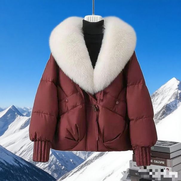 Women's Clothing Short Puffer Jacket With Fox Fur Collar - Cozy Winter Coat, Loose Fit, Zipper Closure, Polyester Blend, Multiple Colors & Sizes_ecoleips.com