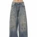 Unisex Distressed Washed Wide-Leg Jeans – Oversized Streetwear Denim Pants With Splatter Paint Effect_ecoleips.com