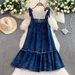 Women's Vintage Denim Lace-Up Camisole Dress Loose Slimming Ruffled Edge Midi Skirt Sweet Versatile Autumn Outfit_ecoleips.com