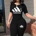 Women's Slim-Fit Printed T-Shirt & Pants Set - Stretch Polyester, Office To Casual, S-Xxl, Black Sleek Silhouette_ecoleips.com
