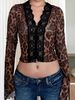 Elegant Women's Top, Sexy V-neck Printed Dress With Lace Trim, Long-sleeved Cardigan, Semi-sheer Top, Suitable For Spring And Autumn, Perfect For Daily Commutes._ecoleips.com