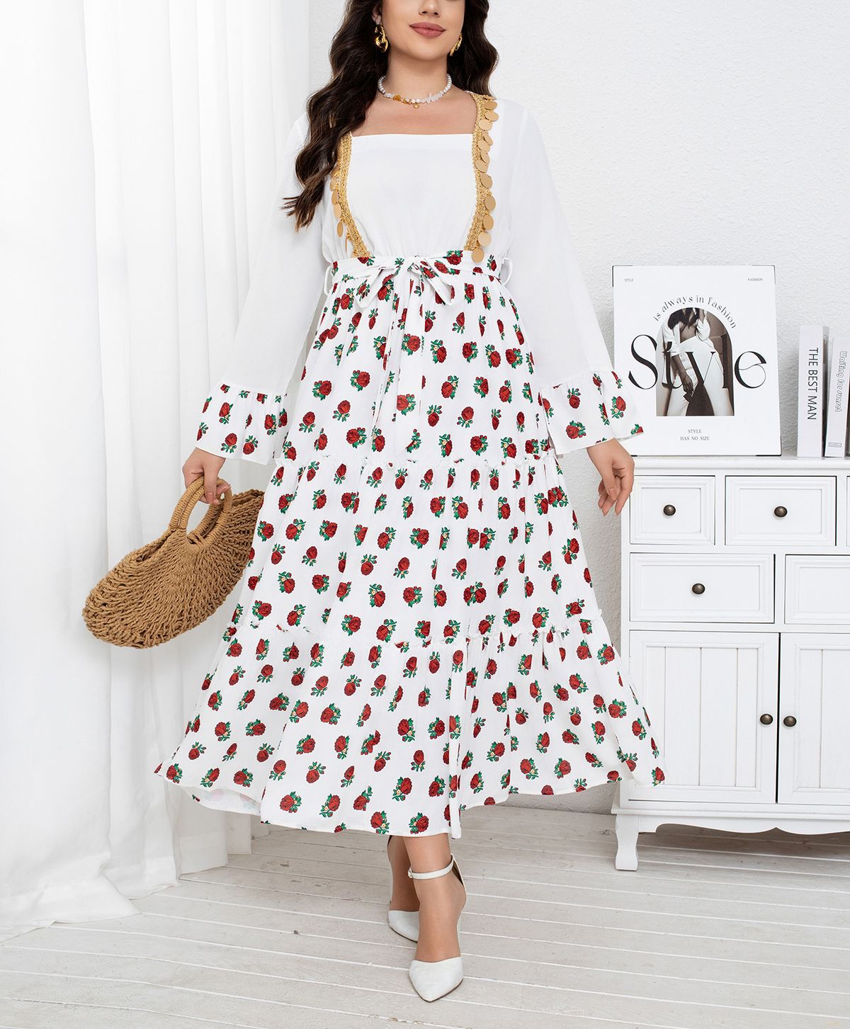 Plus Size Sparkle Strawberry Print Jumper Dress – Elegant Mock Two-Piece A-Line Long Dress With Square Neck, Long Sleeves (0XL-4XL)_ecoleips.com