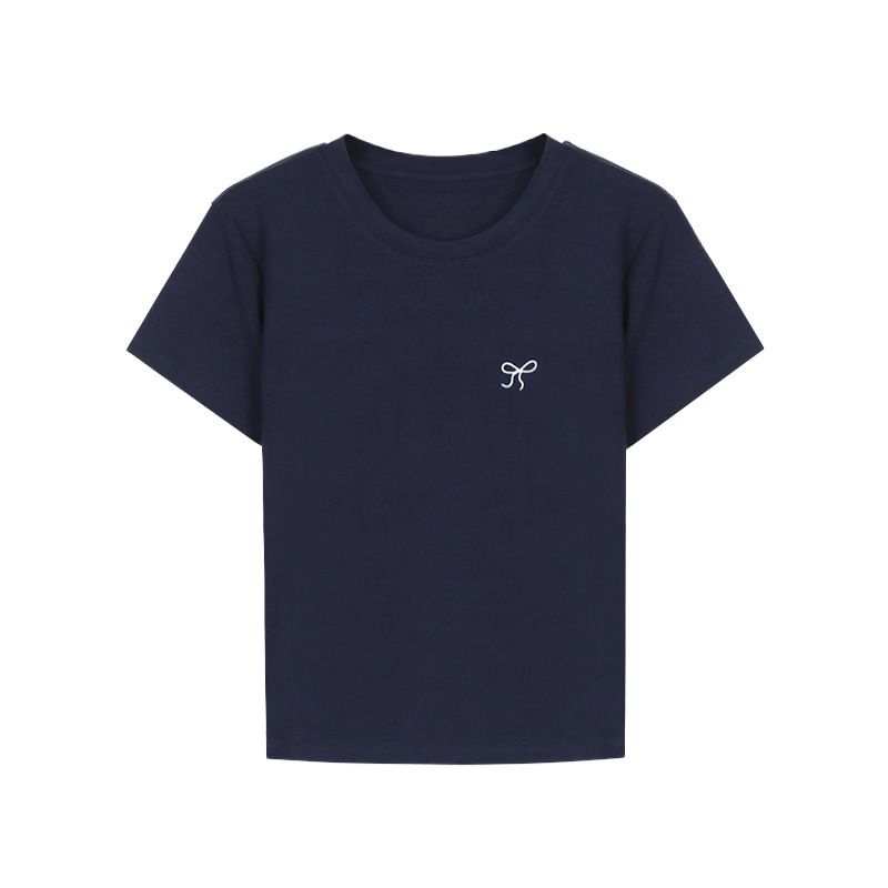 Women's Clothing Women's Slim Fit Straight Shoulder Base Top Round Neck Spicy Sweet Summer Bow Embroidery Student Top_ecoleips.com