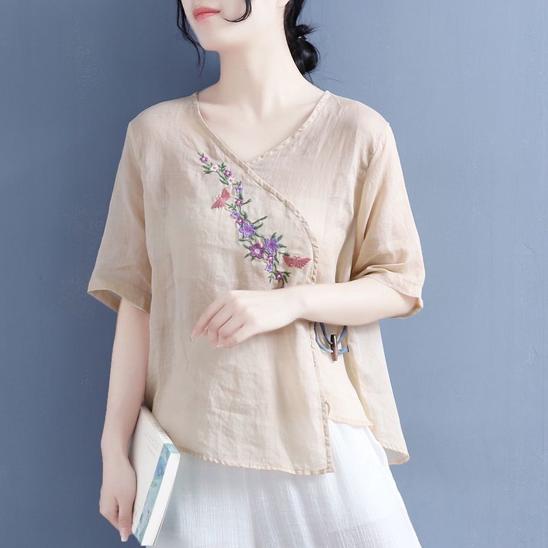 Thin Cotton-Linen Top, Women's Ethnic Style Vintage Olive Wood Button, Diagonal Embroidery, Loose Five-Quarter Sleeve Pu_ecoleips.com
