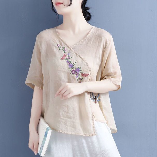 Thin Cotton-Linen Top, Women's Ethnic Style Vintage Olive Wood Button, Diagonal Embroidery, Loose Five-Quarter Sleeve Pu_ecoleips.com