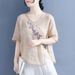 Thin Cotton-Linen Top, Women's Ethnic Style Vintage Olive Wood Button, Diagonal Embroidery, Loose Five-Quarter Sleeve Pu_ecoleips.com