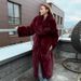 Oversized Long Faux Rabbit Fur Coat Women's - Extra Warm Winter Jacket With Lapel Collar, Vegan Fur Coat For Street Style (Beige/Black/Wine)_ecoleips.com