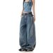 High Street Retro Washed Deconstruction Scimitar Jeans Women's Design Sense Three Bars Striped Splicing Wide Leg Trousers_ecoleips.com