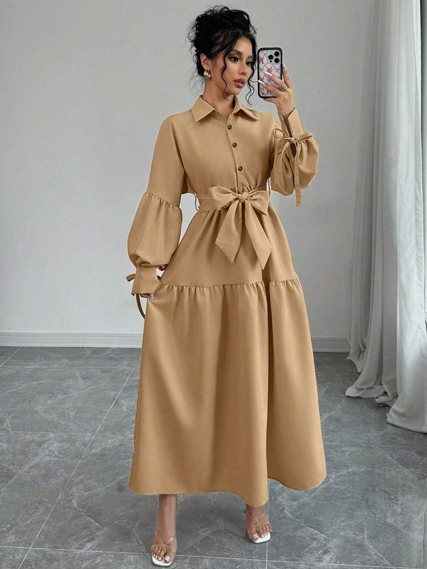 Cross-border European And American Women's Fashion New Stylish Lace-up Long-sleeve Puff-sleeve Dress_ecoleips.com