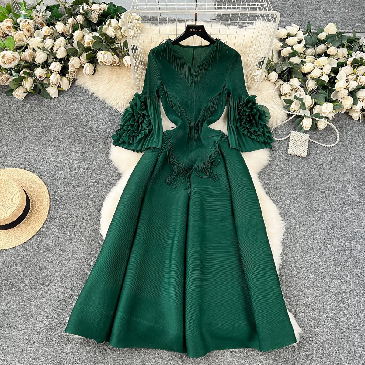 Women's design tassel V-neck slim long heavy-duty pleated trumpet sleeve dress for women_ecoleips.com