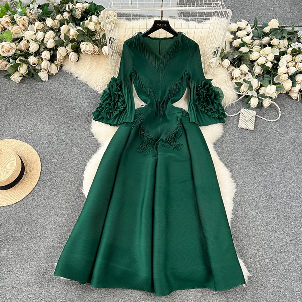 Women's design tassel V-neck slim long heavy-duty pleated trumpet sleeve dress for women_ecoleips.com