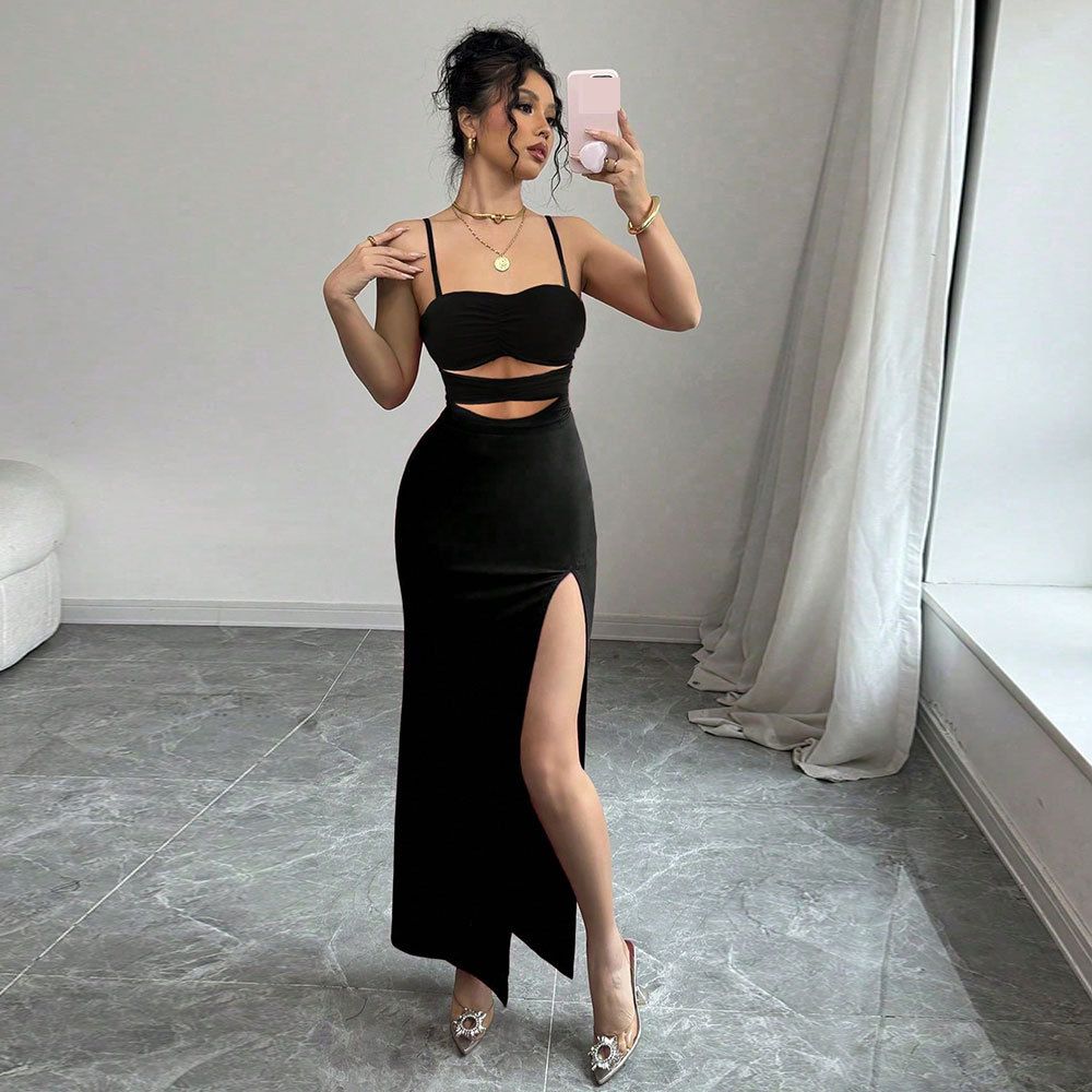 Women's Clothing Hollow Sexy Suspender Dress Simple Black Banquet Long Skirt_ecoleips.com