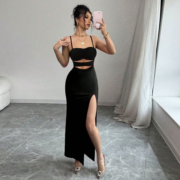 Women's Clothing Hollow Sexy Suspender Dress Simple Black Banquet Long Skirt_ecoleips.com