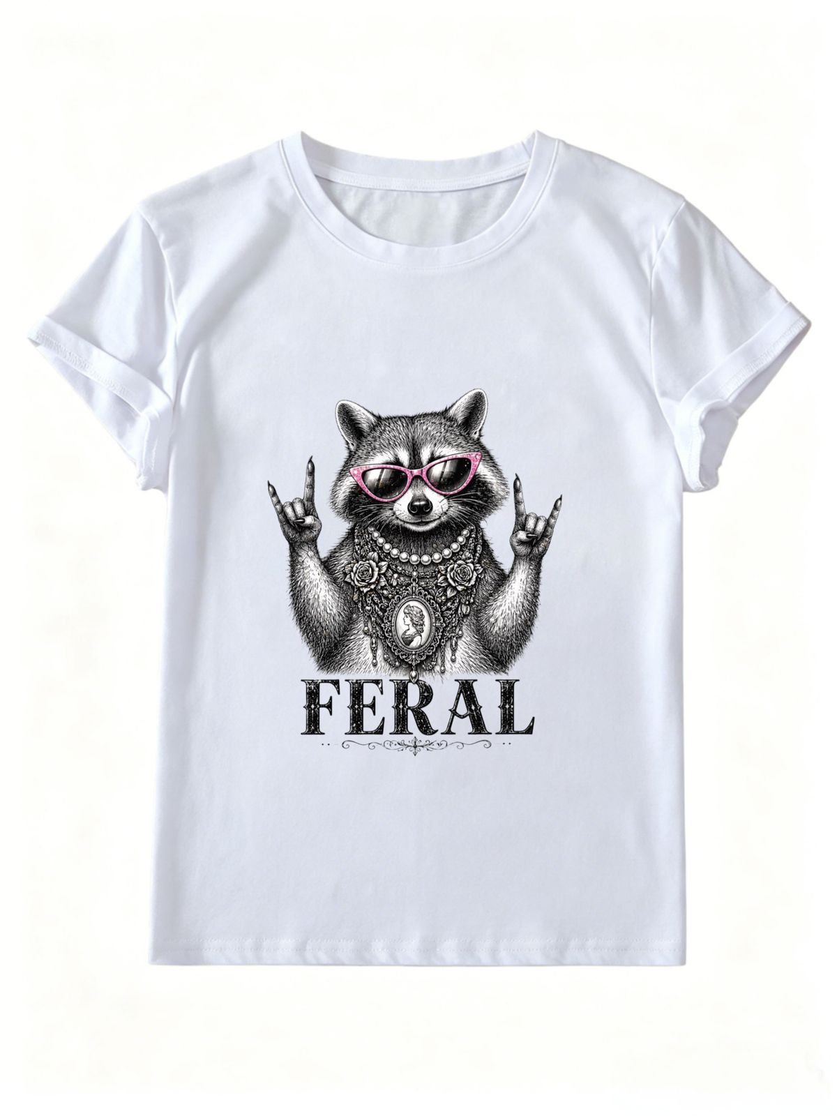 Women Feral Raccoon Pink Sunglasses Rock Hand Graphic T-Shirt Retro Vintage Animal Print Crew Neck Short Sleeve White Street Tee_ecoleips.com