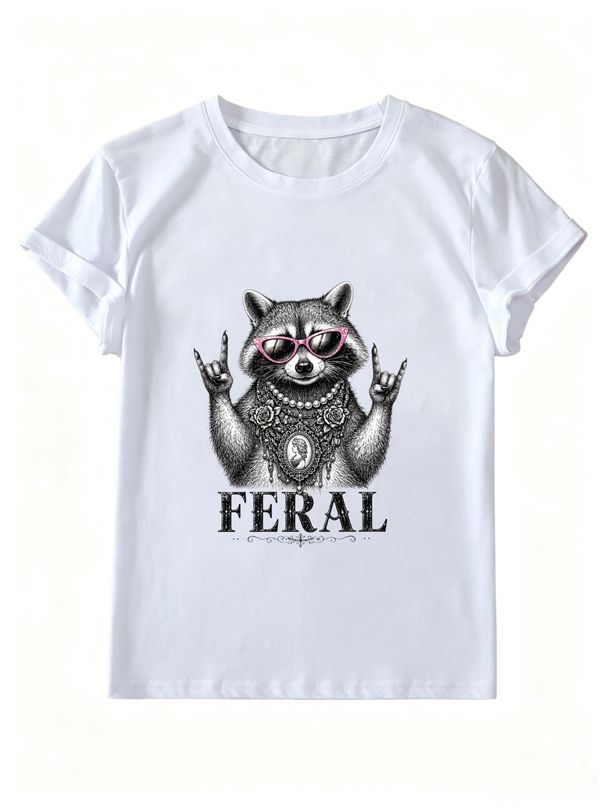 Women Feral Raccoon Pink Sunglasses Rock Hand Graphic T-Shirt Retro Vintage Animal Print Crew Neck Short Sleeve White Street Tee_ecoleips.com