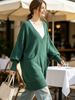 Forest Green Deep V Multi Pocket Pit Rib Knit Tunic Sweater, Oversized Loose Lightweight Breathable Soft Skin-touch Long Sleeve Pullover_ecoleips.com