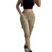 Women’s Clothing tropical slim solid color casual patch pocket lace up elastic waist cropped pants_ecoleips.com