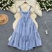 Women's Clothing Summer Retro Pleated Sling Print Dress Female High Waist Slim Backless Holiday Dress 0285_ecoleips.com