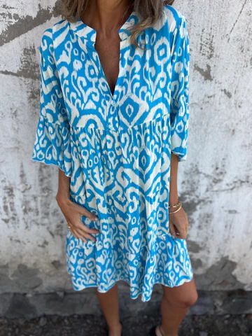Breathable V-Neck Floral Print Ruffle Dress With Stretchy Fabric For Women - Casual & Street Style Summer Dress_ecoleips.com