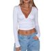 Women's Ribbed Long Sleeve V-Neck Crop Top, Stretchy Slim Fit Basic Tee For Summer Streetwear Versatile Summer Essential_ecoleips.com