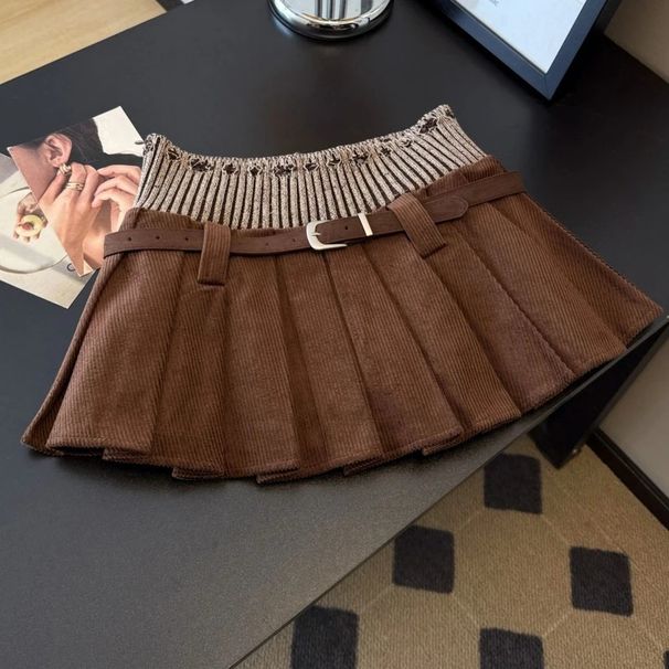 High Waist Slimming Pleated Midi Skirt For Women American Retro Knit Patchwork Mini Skirt For Hot Girls Autumn New_ecoleips.com